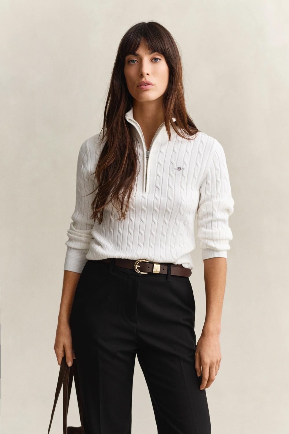 STRETCH COTTON CABLE HALF-ZIP EGGSHELL - Bilde 2