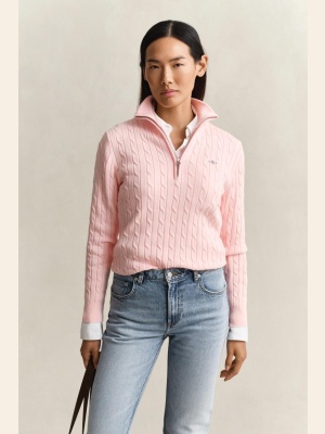 STRETCH COTTON CABLE HALF-ZIP APRICOT PINK