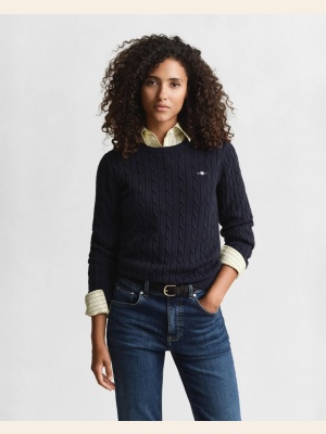 STRETCH COTTON CABLE C-NECK EVENING BLUE