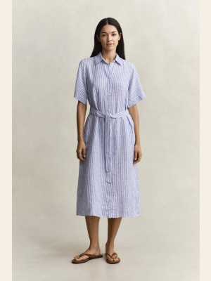 STRIPED LINEN SS SHIRT DRESS