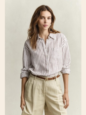 REL STRIPED LINEN LS SHIRT DARK BROWN