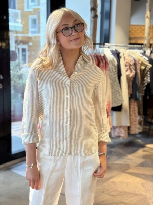 REG STRIPED LINEN LS SHIRT BEIGE