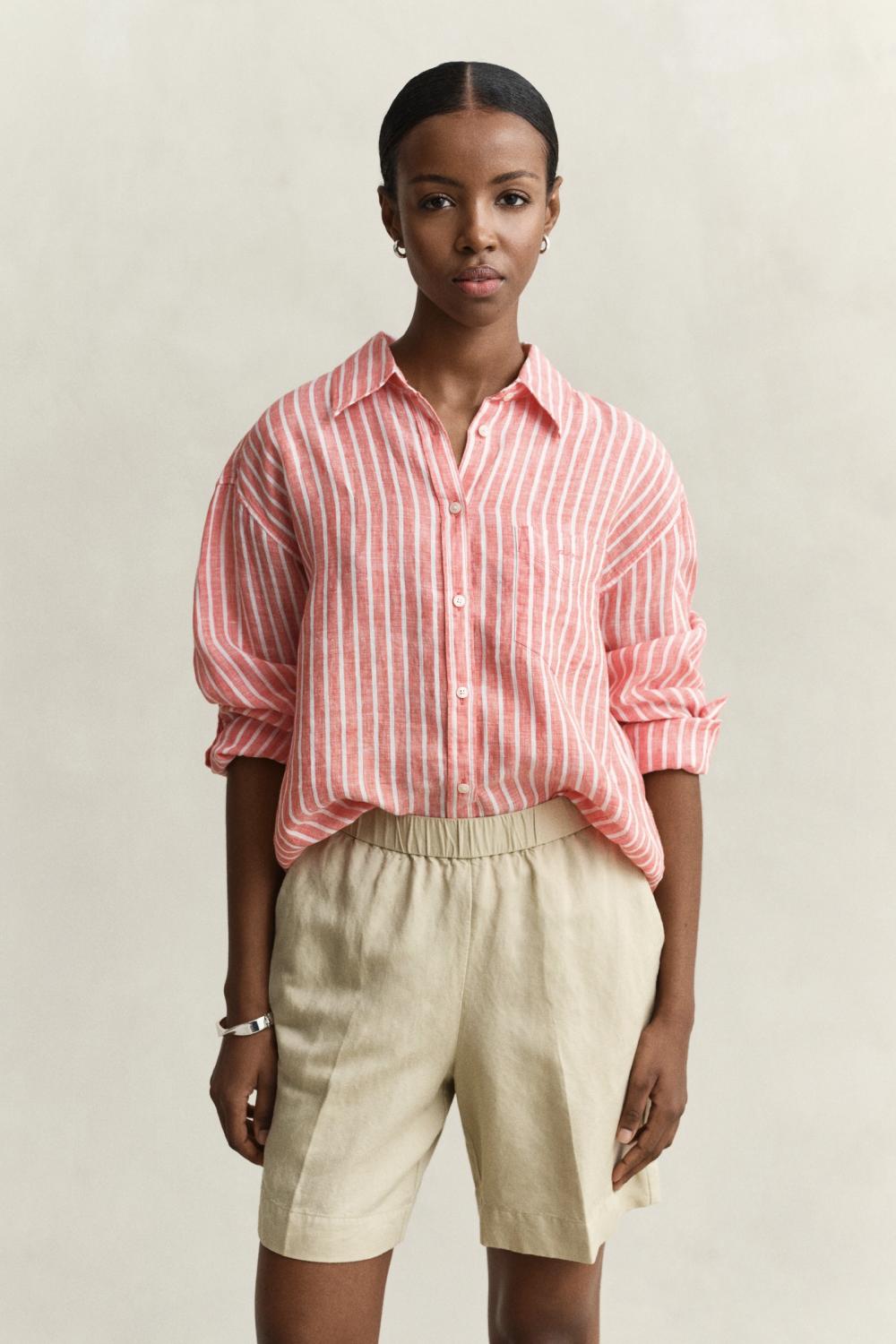 REL STRIPED LINEN LS SHIRT CORAL