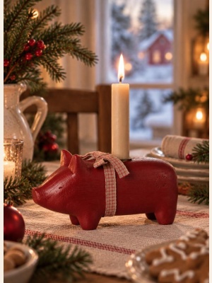 WOODEN CANDLE HOLDER PIG MEDIUM RED
