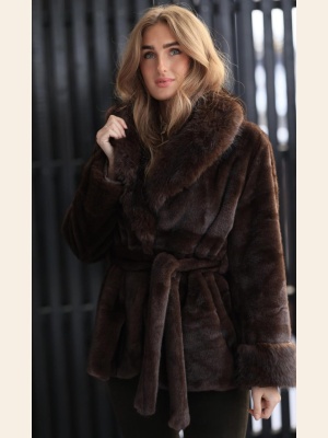 VELVET FUR JACKET W/BELT ONE SIZE COCOA