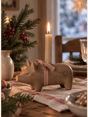 WOODEN CANDLE HOLDER PIG NATURE