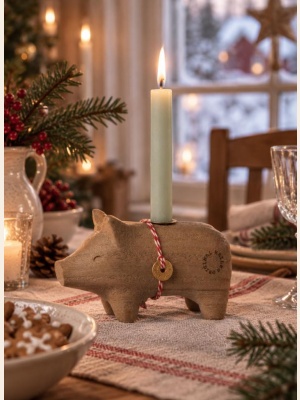 WOODEN CANDLE HOLDER PIG SMALL NATURE