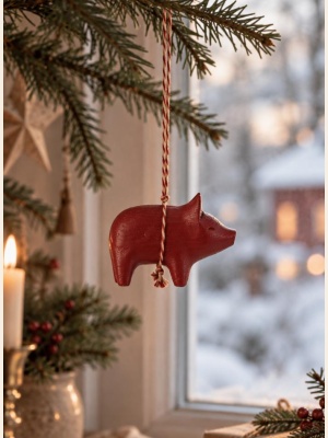 WOODEN ORNAMENT PIG RED