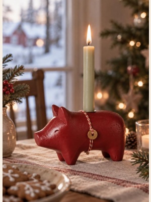 WOODEN CANDLE HOLDER PIG SMALL RED