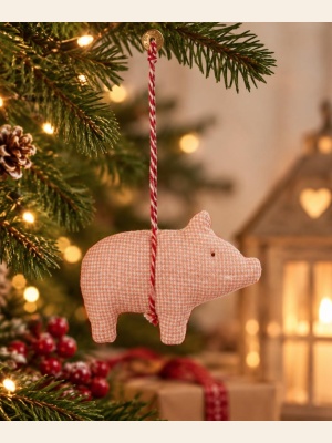 FABRIC ORNAMENT PIG - CHECKER - ROSE